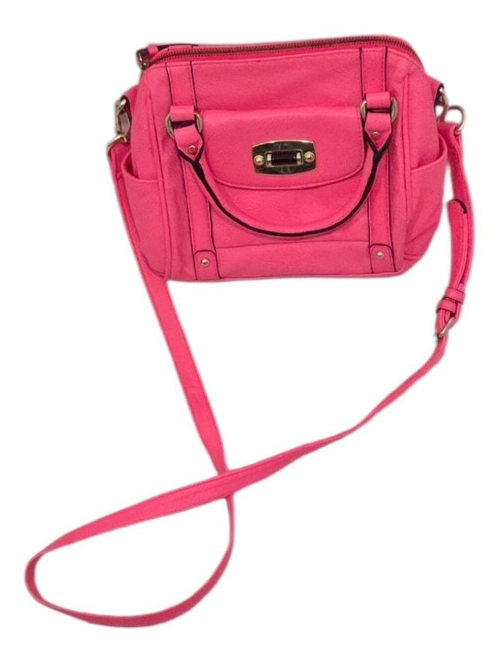 Merona Neon Pink Barrel Satchel With Crossbody Strap Twist Lock Side Pouch